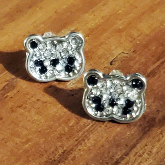 Little Panda Bear Pave Austrian Crystal Black Clear Silver Post Stud Earrings - Picture 3 of 7